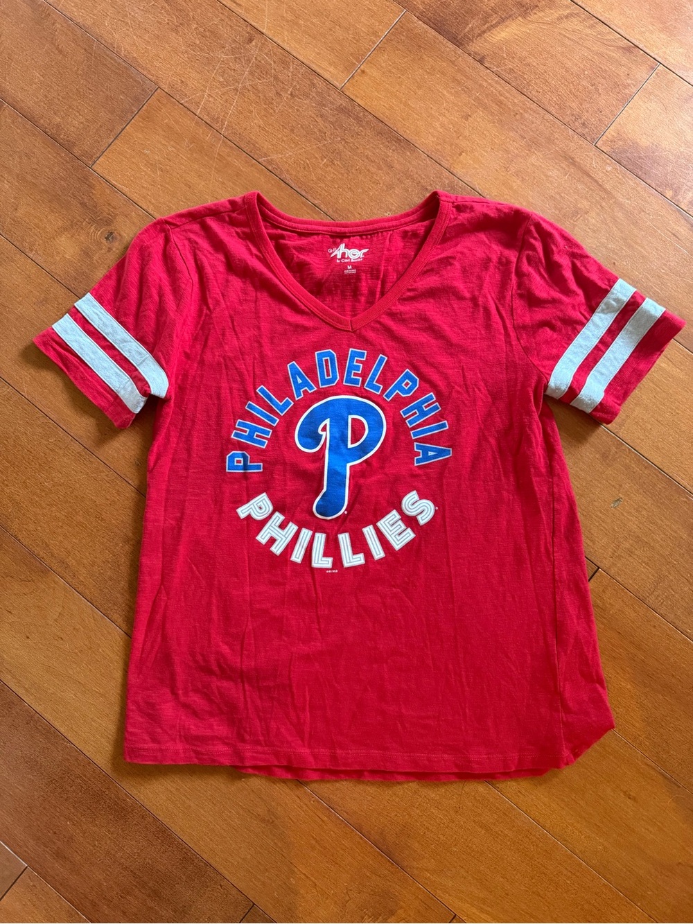 MLB Philadelphia Phillies Red Tee with Blue Logo and White Sleeve Stripes - Picture 1 of 3